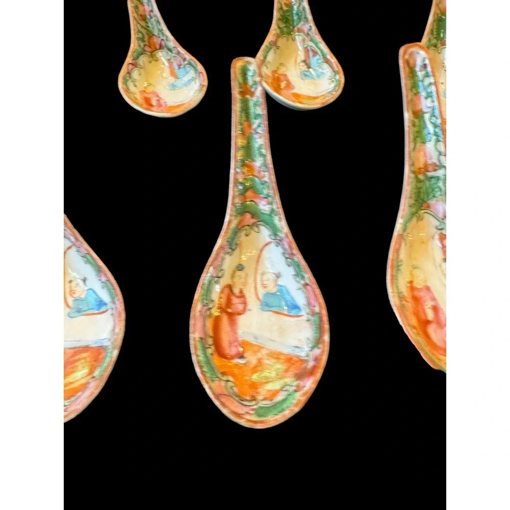 Antique Chinese Rose Medallion Hand Painted Porcelain Soup Spoons 1930's Lot 8!!